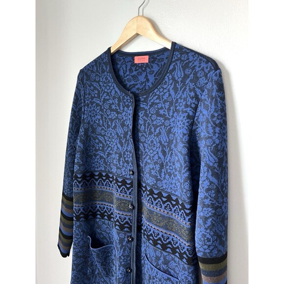 OLEANA Merino Wool Silk Road Floral Pattern Long Cardigan Size XXL Luxury Blue - Picture 2 of 10